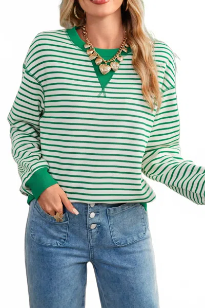 Shewin Women's Striped Crewneck Sweatshirt In Bright Green Stripe
