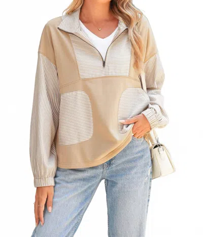 Shewin Women's Striped Zip Pullover Top In Khaki In Multi