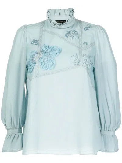 Shiatzy Chen Floral-appliqué Crop-sleeve Blouse In Blue