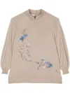 Shiatzy Chen Floral-embroidered Split-neck Jumper In Brown