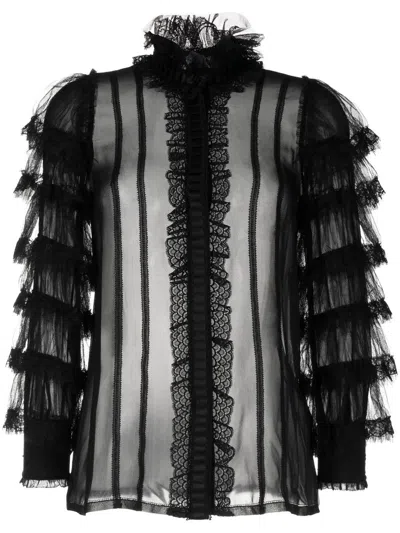Shiatzy Chen Ruffled Mulberry Silk Blouse In Black