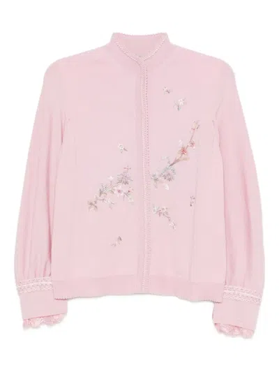 Shiatzy Chen Scape-of-curve Embroidered Cardigan In Pink