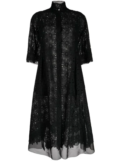Shiatzy Chen Sheer-lace Cotton Long Coat In Black