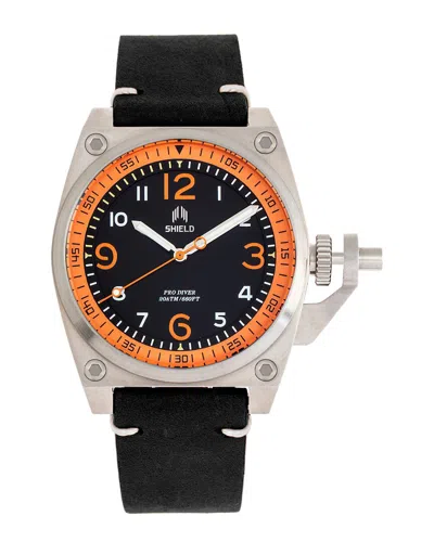 Shield Pascal Black Or Camel Or Brown Or Light Brown Leather Band Watch, 42 Or 52mm In Black/orange