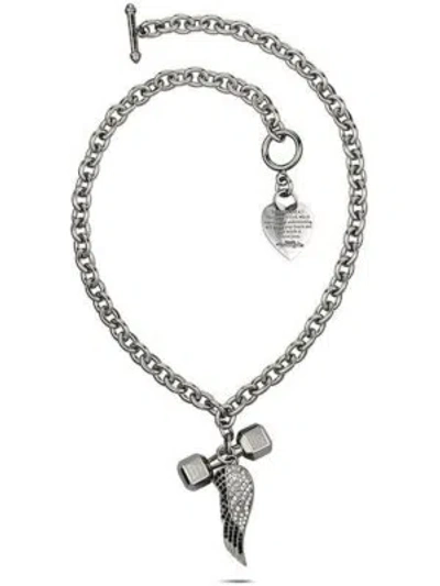 Pre-owned Shields Of Strength Heart Chain Necklace-phil 4:13 Dumbbell/ps 91:11 Swarovski Crystals Angel Wing In Silver