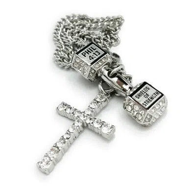 Pre-owned Shields Of Strength Men's Combo Necklace W/ Swarovski Crystals-isaiah 46:4 Cross/phil 4:13 Dumbbell