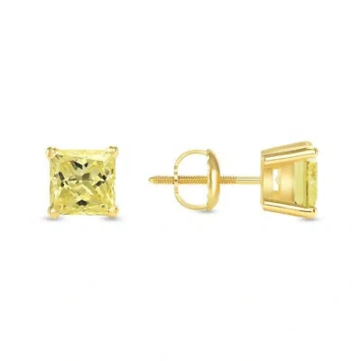 Pre-owned Shine Brite With A Diamond 1 Ct Princess Cut Canary Earrings Studs Solid 18k Yellow Gold Screw Back Basket
