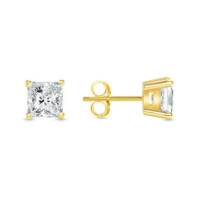 Pre-owned Shine Brite With A Diamond 1 Ct Princess Cut Earrings Studs Real 18k Yellow Gold Brilliant Basket Push Back In White/colorless