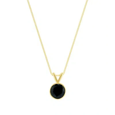 Pre-owned Shine Brite With A Diamond 1 Ct Round Black Created Diamond Real 14k Yellow Gold Bezel Pendant 18" Necklace