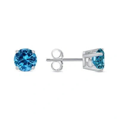 Pre-owned Shine Brite With A Diamond 1 Ct Round Cut Blue Earrings Studs Solid Real 18k White Gold Push Back Basket