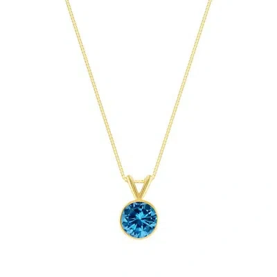 Pre-owned Shine Brite With A Diamond 1 Ct Round Blue Created Diamond Real 14k Yellow Gold Bezel Pendant 18" Necklace