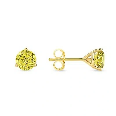 Pre-owned Shine Brite With A Diamond 1 Ct Round Canary Earrings Studs Solid Real 18k Yellow Gold Push Back Martini