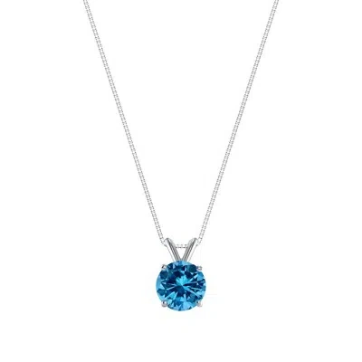 Pre-owned Shine Brite With A Diamond 1 Ct Round Cut Blue Solid Real 18k White Gold Solitaire Pendant 18" Necklace