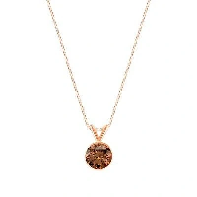 Pre-owned Shine Brite With A Diamond 1 Ct Round Cut Brown Solid 14k Rose Gold Solitaire Bezel Pendant 18" Necklace In Pink
