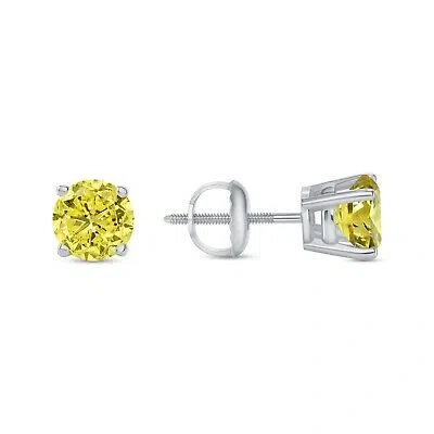 Pre-owned Shine Brite With A Diamond 1 Ct Round Cut Canary Earrings Studs Solid Real 950 Platinum Screw Back Basket In White