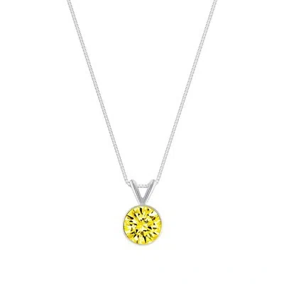 Pre-owned Shine Brite With A Diamond 1 Ct Round Cut Canary Solid 18k White Gold Solitaire Bezel Pendant 18" Necklace