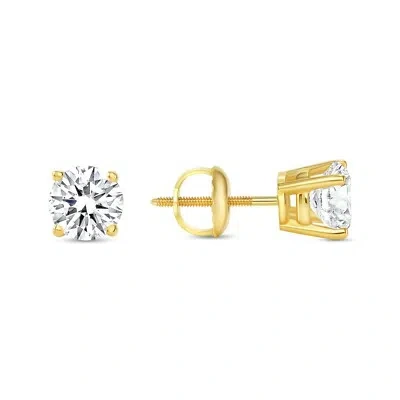 Pre-owned Shine Brite With A Diamond 1 Ct Round Real 18k Yellow Gold Simulate Diamond Earrings Studs Screwback Basket In White/colorless