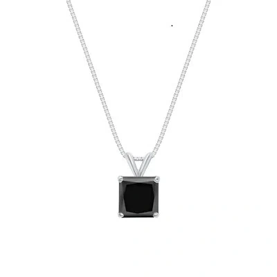 Pre-owned Shine Brite With A Diamond 1.25 Ct Princess Cut Black Solid 14k White Gold Solitaire Pendant 18" Necklace