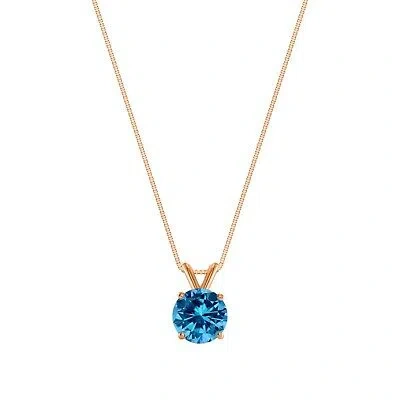 Pre-owned Shine Brite With A Diamond 1.25 Ct Round Cut Blue Solid Real 14k Rose Gold Solitaire Pendant 18" Necklace In Pink