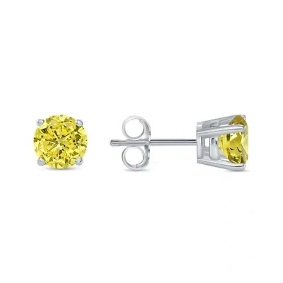 Pre-owned Shine Brite With A Diamond 1.50 Ct Round Cut Canary Earrings Studs Solid 18k White Gold Push Back Basket