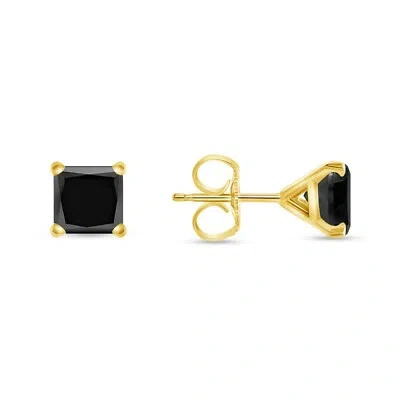 Pre-owned Shine Brite With A Diamond 1.75 Ct Princess Black Earrings Studs Solid 14k Yellow Gold Push Back Martini In White/colorless