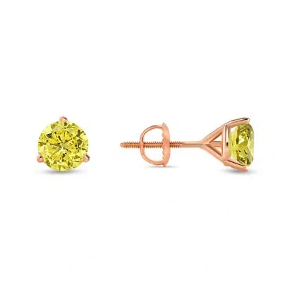 Pre-owned Shine Brite With A Diamond 1.75 Ct Round Cut Canary Earrings Studs Solid 14k Rose Gold Screw Back Martini In White/colorless