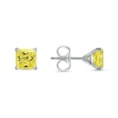 Pre-owned Shine Brite With A Diamond 2 Ct Princess Cut Canary Earrings Studs Solid 14k White Gold Push Back Martini