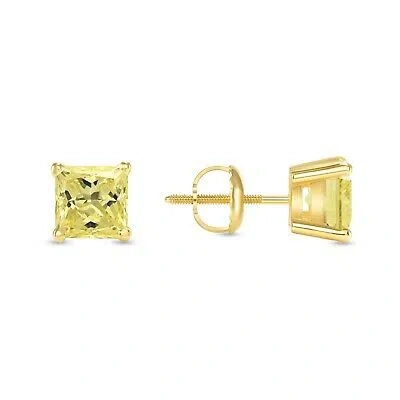 Pre-owned Shine Brite With A Diamond 2 Ct Princess Cut Canary Earrings Studs Solid 14k Yellow Gold Screw Back Basket