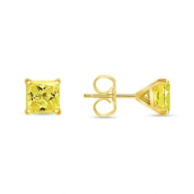 Pre-owned Shine Brite With A Diamond 2 Ct Princess Cut Canary Earrings Studs Solid 14k Yellow Gold Push Back Martini