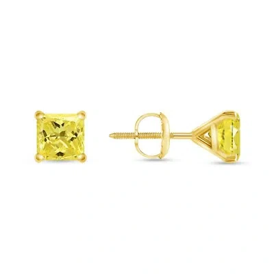 Pre-owned Shine Brite With A Diamond 2 Ct Princess Cut Canary Earrings Studs Solid 14k Yellow Gold Screw Back Martini