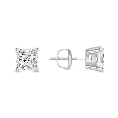 Pre-owned Shine Brite With A Diamond 2 Ct Princess Cut Real 18k White Gold Simulated Diamond Earrings Studs Screwback In White/colorless