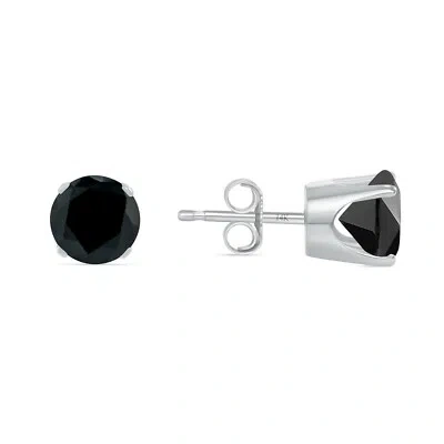 Pre-owned Shine Brite With A Diamond 2 Ct Round Cut Black Earrings Crown Set Studs Solid 14k White Gold Push Back In White/colorless