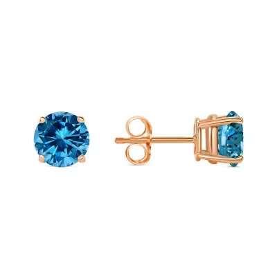 Pre-owned Shine Brite With A Diamond 2 Ct Round Cut Blue Earrings Studs Solid Real 14k Rose Gold Push Back Basket In Pink