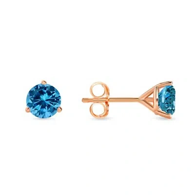 Pre-owned Shine Brite With A Diamond 2 Ct Round Cut Blue Earrings Studs Solid Real 14k Rose Gold Push Back Martini In Pink