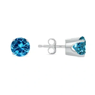 Pre-owned Shine Brite With A Diamond 2 Ct Round Cut Blue Earrings Crown Set Studs Real Solid 14k White Gold Push Back In White/colorless