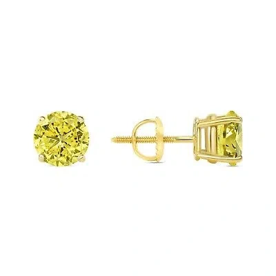 Pre-owned Shine Brite With A Diamond 2 Ct Round Cut Canary Earrings Studs Solid 14k Yellow Gold Screw Back Basket