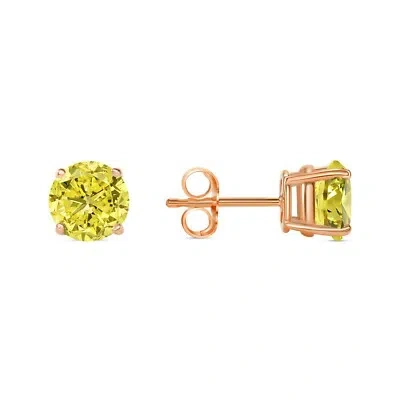 Pre-owned Shine Brite With A Diamond 2 Ct Round Cut Canary Earrings Studs Solid Real 14k Rose Gold Push Back Basket In Pink