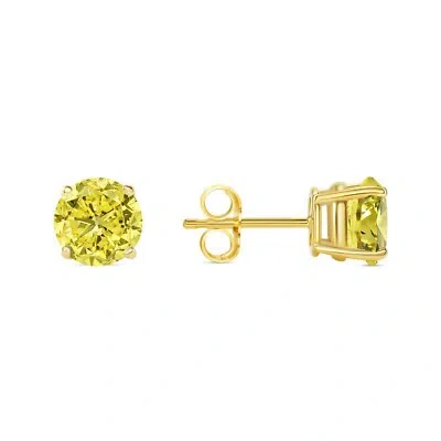 Pre-owned Shine Brite With A Diamond 2 Ct Round Cut Canary Earrings Studs Solid Real 14k Yellow Gold Push Back Basket