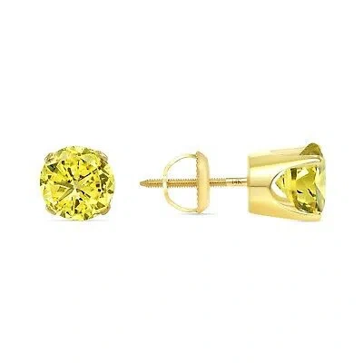 Pre-owned Shine Brite With A Diamond 2 Ct Round Cut Canary Earrings Crown Set Studs Solid 14k Yellow Gold Screw Back