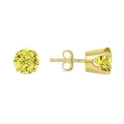 Pre-owned Shine Brite With A Diamond 2 Ct Round Cut Canary Earrings Crown Set Studs Solid 14k Yellow Gold Push Back