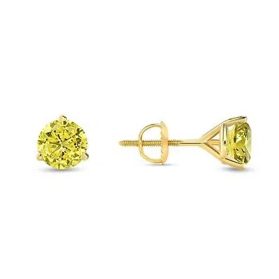 Pre-owned Shine Brite With A Diamond 2 Ct Round Cut Canary Earrings Studs Solid 14k Yellow Gold Screw Back Martini