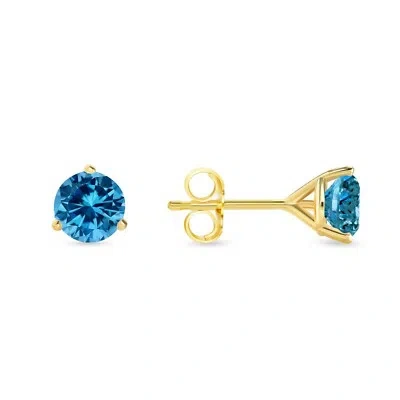 Pre-owned Shine Brite With A Diamond 2 Ct Round Cut Blue Earrings Studs Solid Real 18k Yellow Gold Push Back Martini