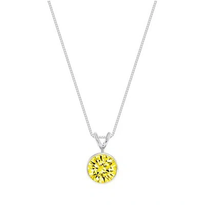 Pre-owned Shine Brite With A Diamond 2 Ct Round Cut Canary Solid 18k White Gold Solitaire Bezel Pendant 18" Necklace