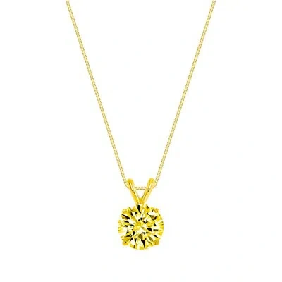 Pre-owned Shine Brite With A Diamond 2 Ct Round Cut Canary Solid Real 14k Yellow Gold Solitaire Pendant 18" Necklace