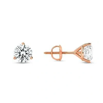 Pre-owned Shine Brite With A Diamond 2 Ct Round Earrings Studs Solid 14k Rose Gold Brilliant Cut Screw Back Martini In White/colorless