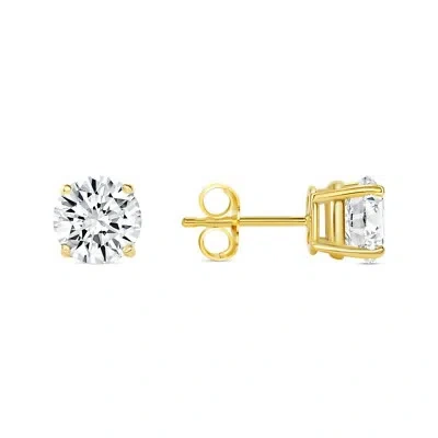 Pre-owned Shine Brite With A Diamond 2 Ct Round Cut Earrings Studs Solid Real 18k Yellow Gold Push Back Basket In White/colorless