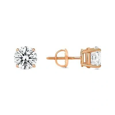 Pre-owned Shine Brite With A Diamond 2 Ct Round Real 14k Rose Gold Simulated Diamond Earrings Studs Basket Screw Back In White/colorless
