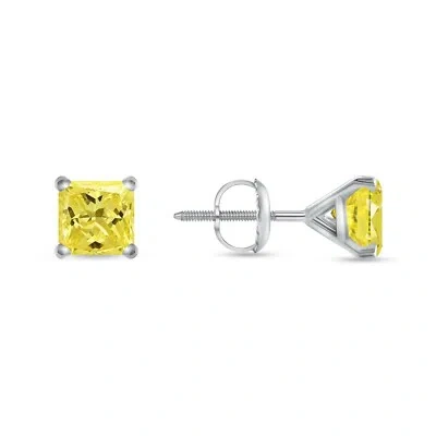 Pre-owned Shine Brite With A Diamond 2.25 Ct Princess Canary Earrings Studs Solid 14k White Gold Screw Back Martini