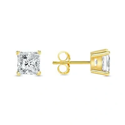 Pre-owned Shine Brite With A Diamond 2.25 Ct Princess Cut Earrings Studs Solid 14k Yellow Gold Push Back Basket In White/colorless