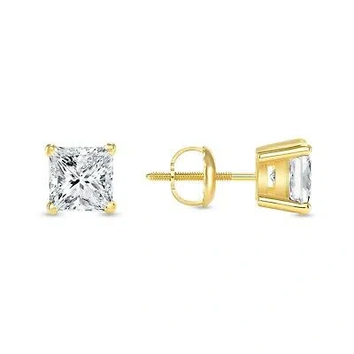 Pre-owned Shine Brite With A Diamond 2.25 Ct Princess Cut Earrings Studs Solid 18k Yellow Gold Screw Back Basket In White/colorless